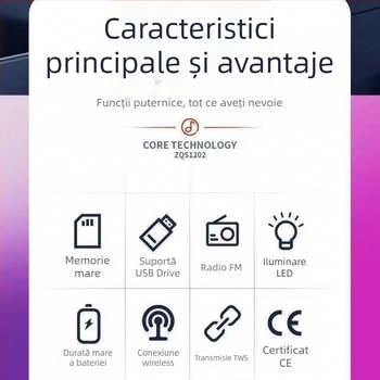 Boxă Bluetooth cu intrări USB și card microSD; IPX4 rezistent la apă; 40Hz-20kHz; SNR ≥100dB; baterie încorporată 1200-2000mAh