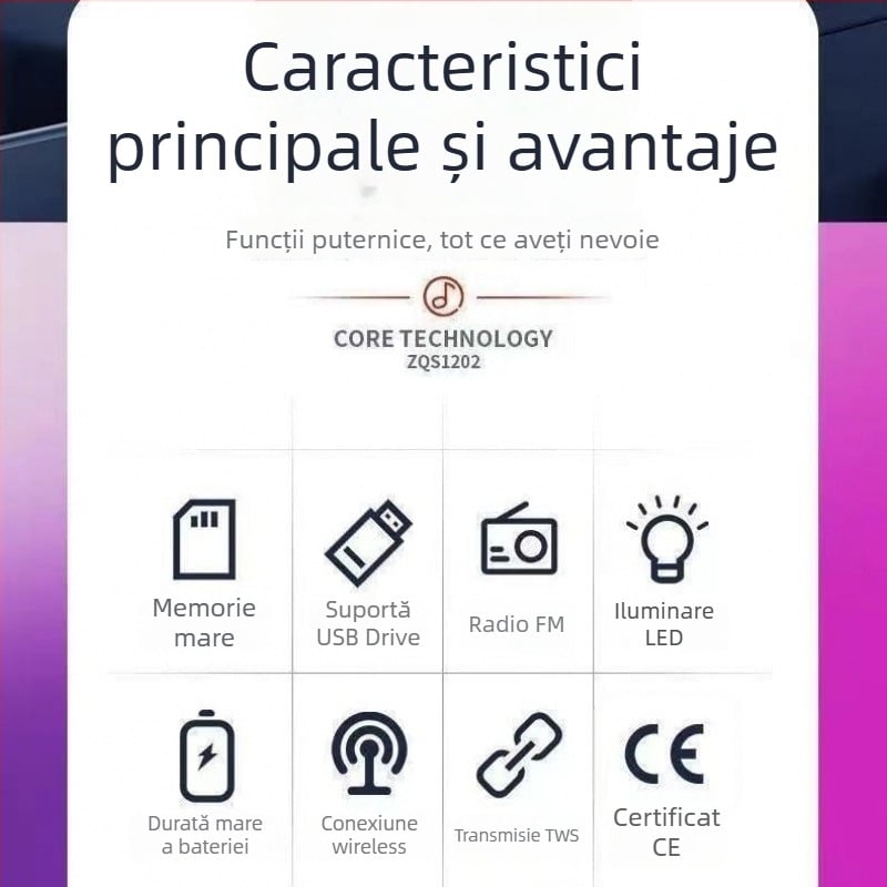 Boxă Bluetooth cu intrări USB și card microSD; IPX4 rezistent la apă; 40Hz-20kHz; SNR ≥100dB; baterie încorporată 1200-2000mAh