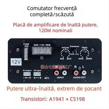 Placă amplificator auto, sunet full-range — 12V, 120W, 20Hz–20kHz, 2–8 Ω