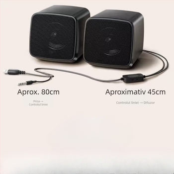 Boxe desktop cu subwoofer — 2.0 canale, putere 6W, alimentare USB, intrare 3,5 mm, intervală de frecvență 40 Hz–20 kHz