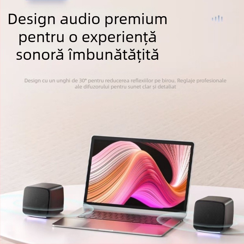 Boxe desktop cu subwoofer — 2.0 canale, putere 6W, alimentare USB, intrare 3,5 mm, intervală de frecvență 40 Hz–20 kHz