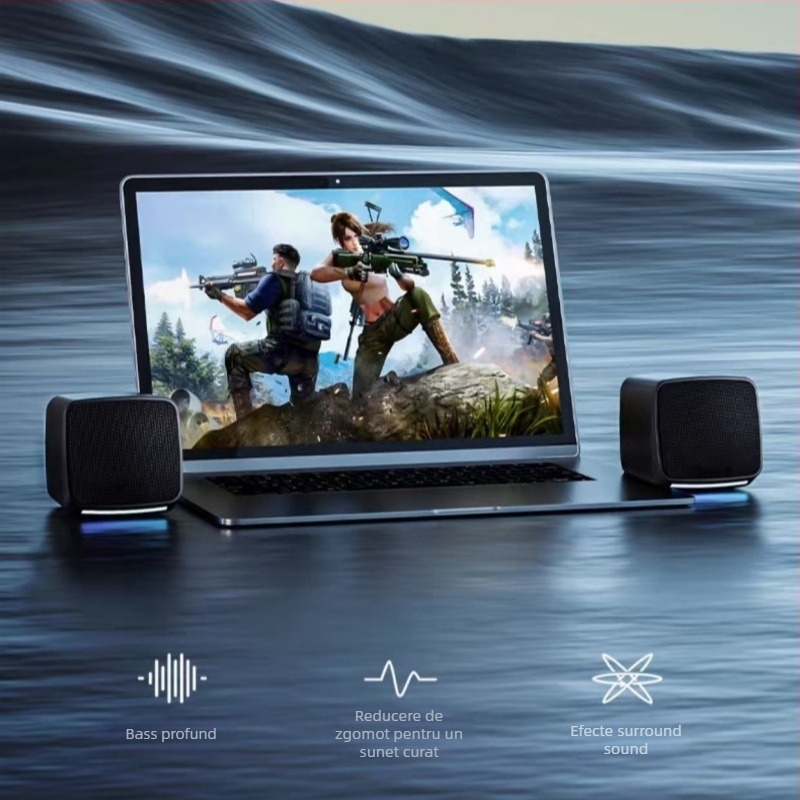 Boxe desktop cu subwoofer — 2.0 canale, putere 6W, alimentare USB, intrare 3,5 mm, intervală de frecvență 40 Hz–20 kHz