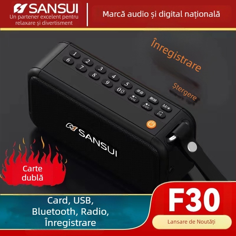 Sansui F30 radio FM portabil cu difuzor Bluetooth — răspuns în frecvență 100Hz-20kHz, SNR ≥75 dB, putere de ieșire 12W, tensiune 5V, baterie încorporată 2000-4000mAh