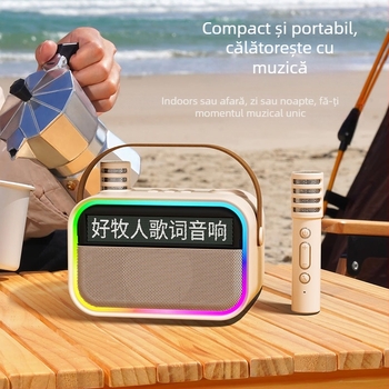 Boxă Bluetooth cu afișaj de versuri plutitor, difuzor karaoke portabil pentru exterior, cu microfon încorporat și subwoofer — BT 5.3, 15W, 100Hz-20kHz, SNR ≥85dB, distanță 10 m, baterie 1200-2000mAh