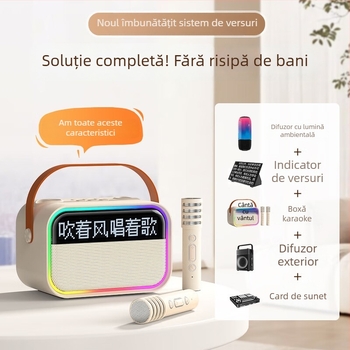 Boxă Bluetooth cu afișaj de versuri plutitor, difuzor karaoke portabil pentru exterior, cu microfon încorporat și subwoofer — BT 5.3, 15W, 100Hz-20kHz, SNR ≥85dB, distanță 10 m, baterie 1200-2000mAh