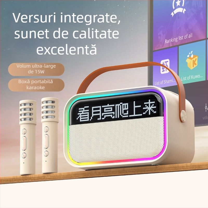 Boxă Bluetooth cu afișaj de versuri plutitor, difuzor karaoke portabil pentru exterior, cu microfon încorporat și subwoofer — BT 5.3, 15W, 100Hz-20kHz, SNR ≥85dB, distanță 10 m, baterie 1200-2000mAh
