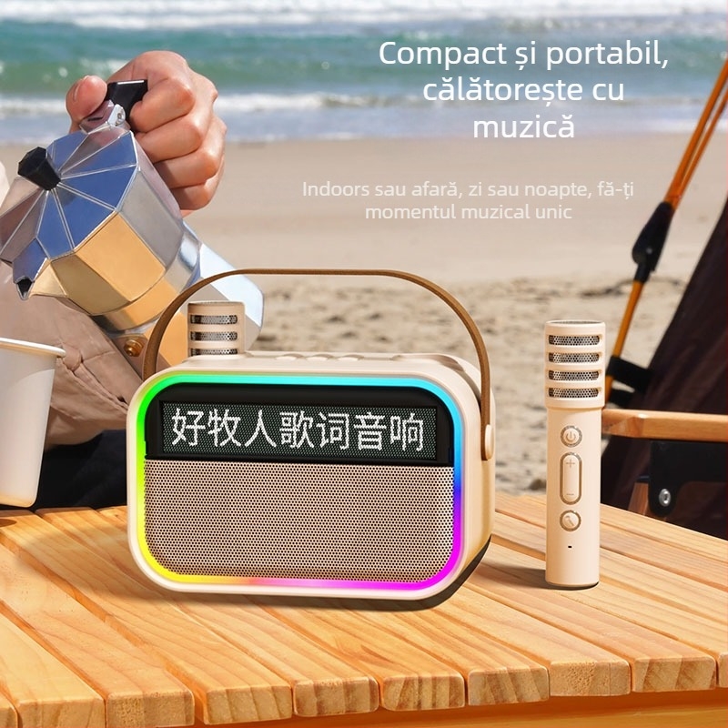 Boxă Bluetooth cu afișaj de versuri plutitor, difuzor karaoke portabil pentru exterior, cu microfon încorporat și subwoofer — BT 5.3, 15W, 100Hz-20kHz, SNR ≥85dB, distanță 10 m, baterie 1200-2000mAh