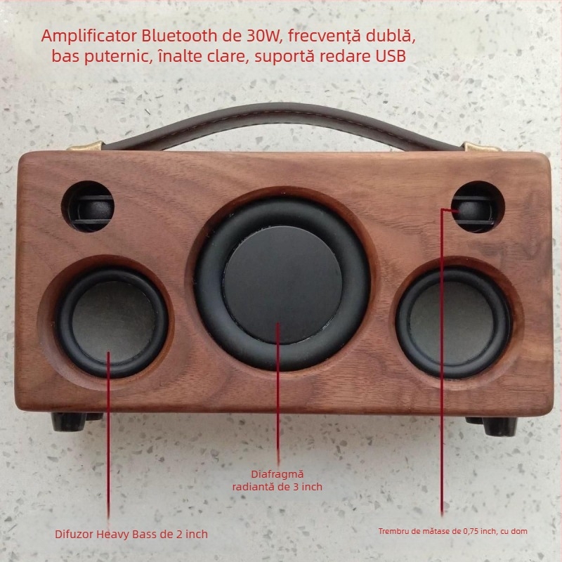 Boxă Bluetooth din lemn de nuc, făcută manual, portabilă pentru exterior în stil retro, 5 difuzoare, Bluetooth 5.0, 60Hz-15kHz, SNR ≥85dB, 30W