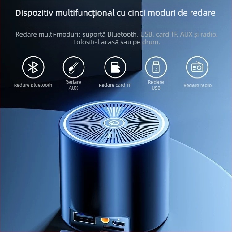 Boxă Bluetooth T5, difuzor mini compact cu slot USB pentru card, subwoofer wireless, Bluetooth 5.3, 60 Hz–15 kHz, SNR ≥95 dB, distanță de până la 10 m, baterie încorporată 2000–4000 mAh, putere nominală 5W