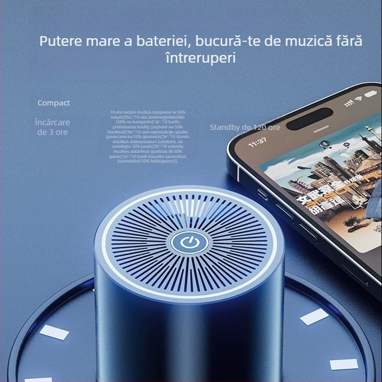 Boxă Bluetooth T5, difuzor mini compact cu slot USB pentru card, subwoofer wireless, Bluetooth 5.3, 60 Hz–15 kHz, SNR ≥95 dB, distanță de până la 10 m, baterie încorporată 2000–4000 mAh, putere nominală 5W