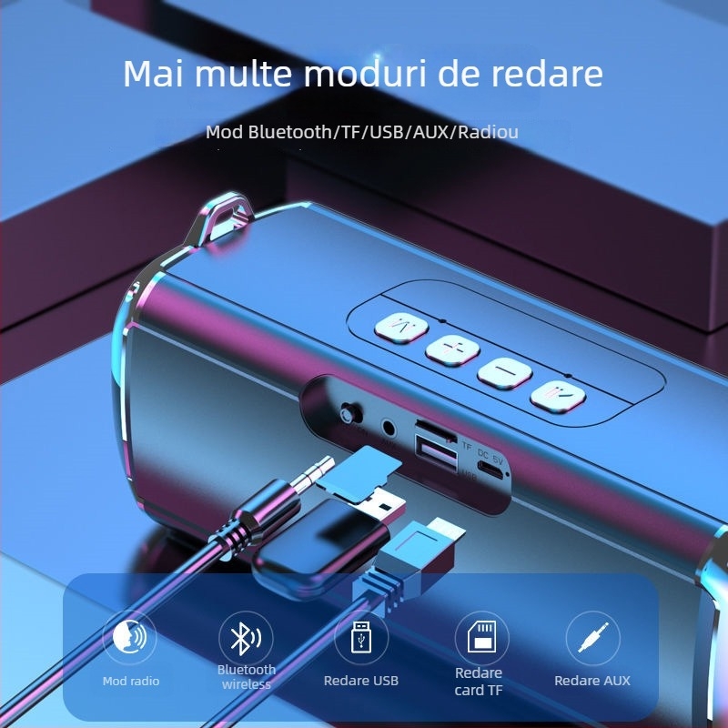 Difuzor Bluetooth portabil, cu iluminare RGB și curea, 2 difuzoare, 5W, Bluetooth 5.0, IPx3, baterie încorporată 1200–2000 mAh