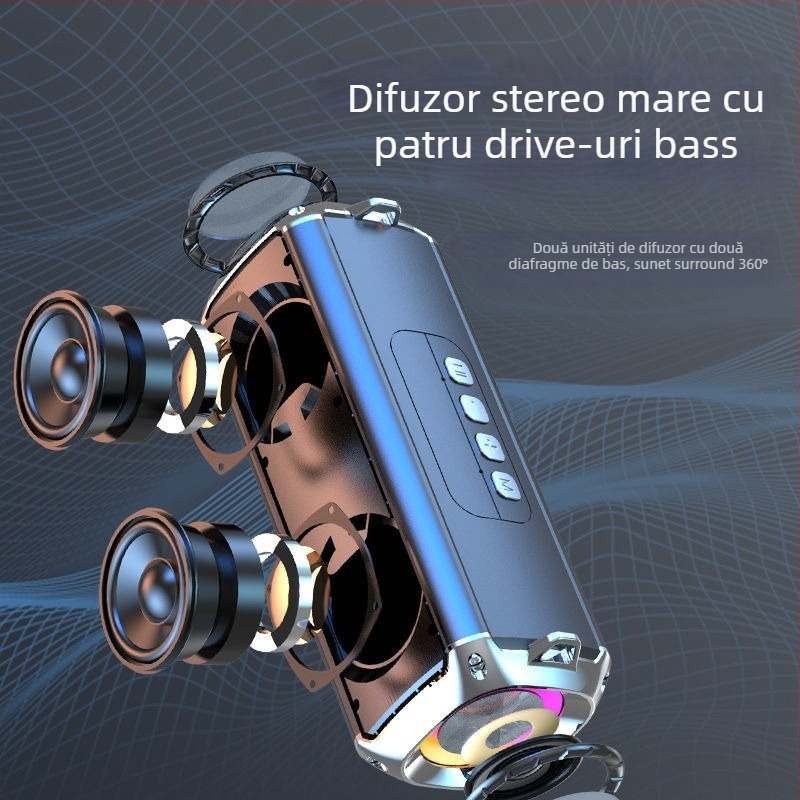 Difuzor Bluetooth portabil, cu iluminare RGB și curea, 2 difuzoare, 5W, Bluetooth 5.0, IPx3, baterie încorporată 1200–2000 mAh