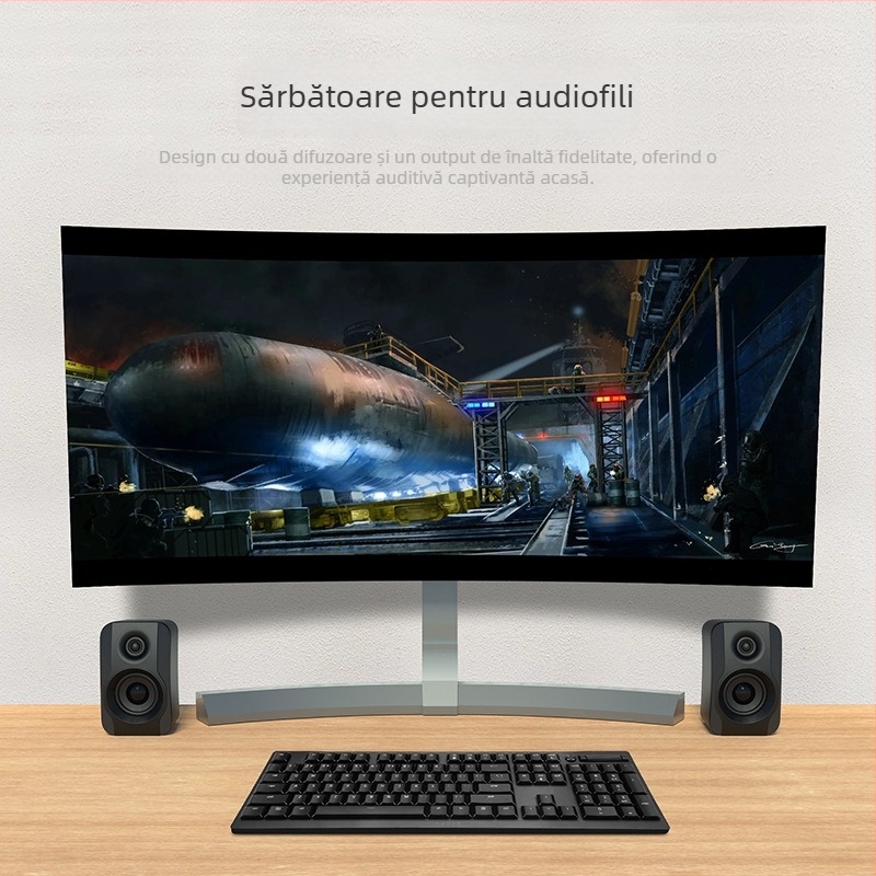 Boxe pentru calculator desktop cu intrări USB și 3,5 mm, 2.0 stereo, 40 Hz–20 kHz, SNR ≥75 dB, redare până la 8 ore