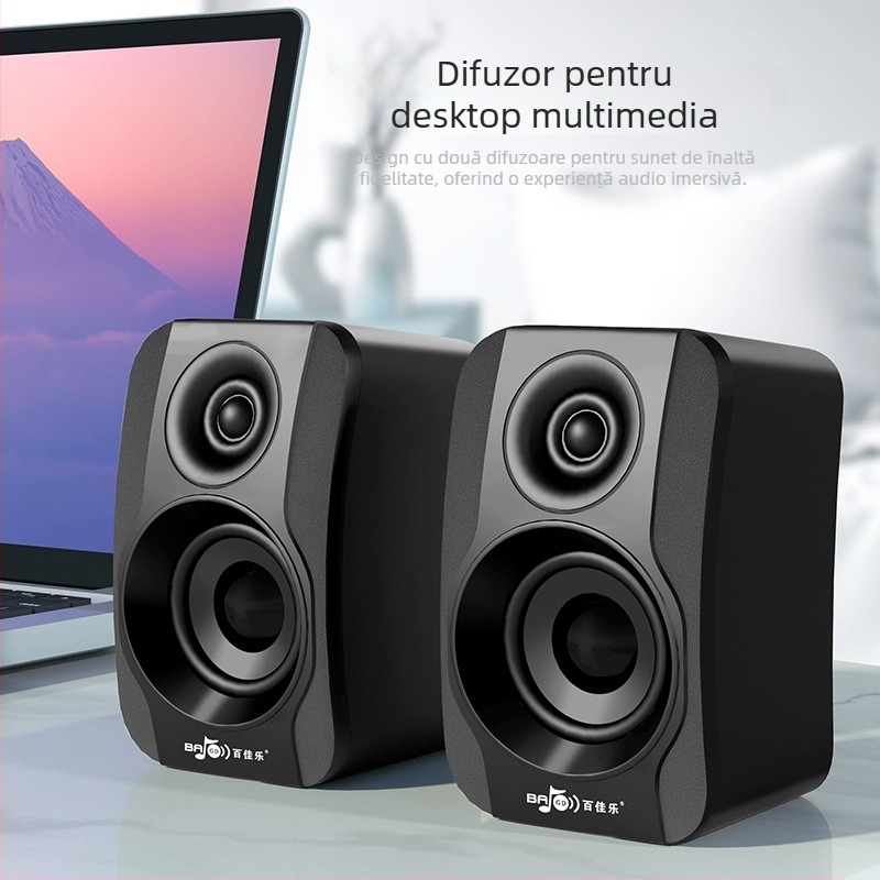 Boxe pentru calculator desktop cu intrări USB și 3,5 mm, 2.0 stereo, 40 Hz–20 kHz, SNR ≥75 dB, redare până la 8 ore