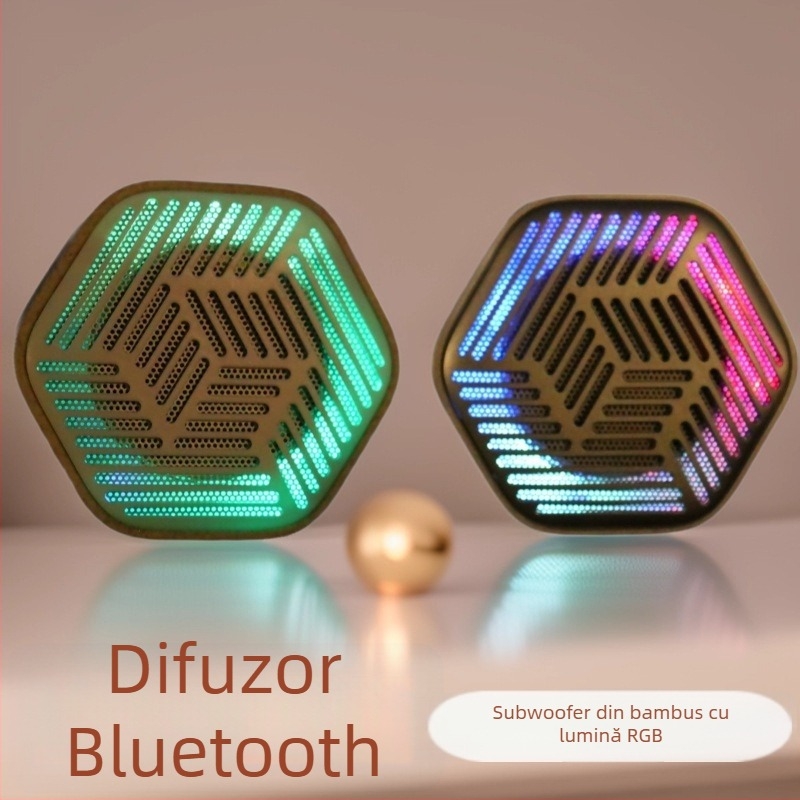 Mini difuzor Bluetooth cu iluminare RGB - carcasă din bambus eco, 5W, Bluetooth 5.3, 100Hz-20kHz, SNR ≥95dB