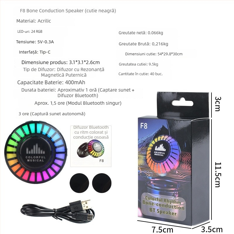 Difuzor Bluetooth cu conducție osoasă | Versiune Bluetooth 5.0 | Răspuns în frecvență 60 Hz–15 kHz | SNR ≥75 dB | Baterie încorporată 300–500 mAh | Putere nominală 5.4 W