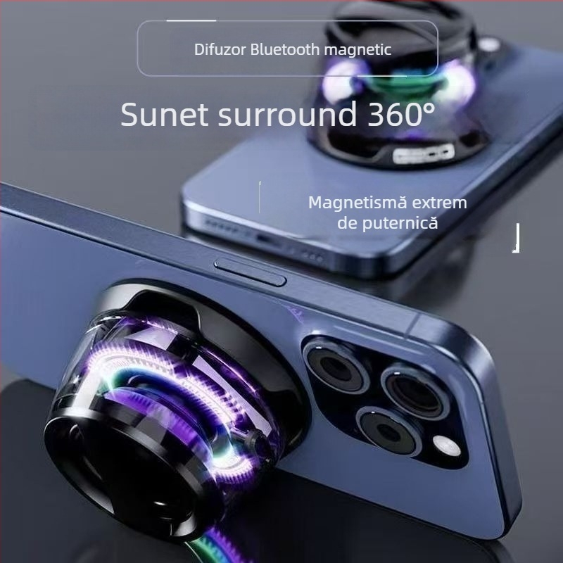 Boxă Bluetooth cu suport magnetic tip stativ și subwoofer portabil (Bluetooth 5.0, IPX6 rezistent la apă, interval de frecvențe 30 Hz–15 kHz, putere de ieșire 5 W, baterie încorporată 300–500 mAh)