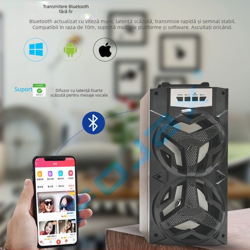 Difuzor Bluetooth pentru karaoke cu microfon – 5W, Bluetooth 5.3, 100Hz–20kHz, SNR ≥100 dB, baterie încorporată 800–1000 mAh