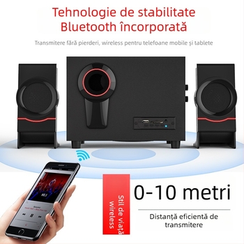 Boxe PC 2.1 din lemn, alimentare USB, Bluetooth 4.1 și AUX 3,5 mm; putere 10W + 3W×2; bandă de frecvență 20 Hz–18 kHz; carcasă din lemn