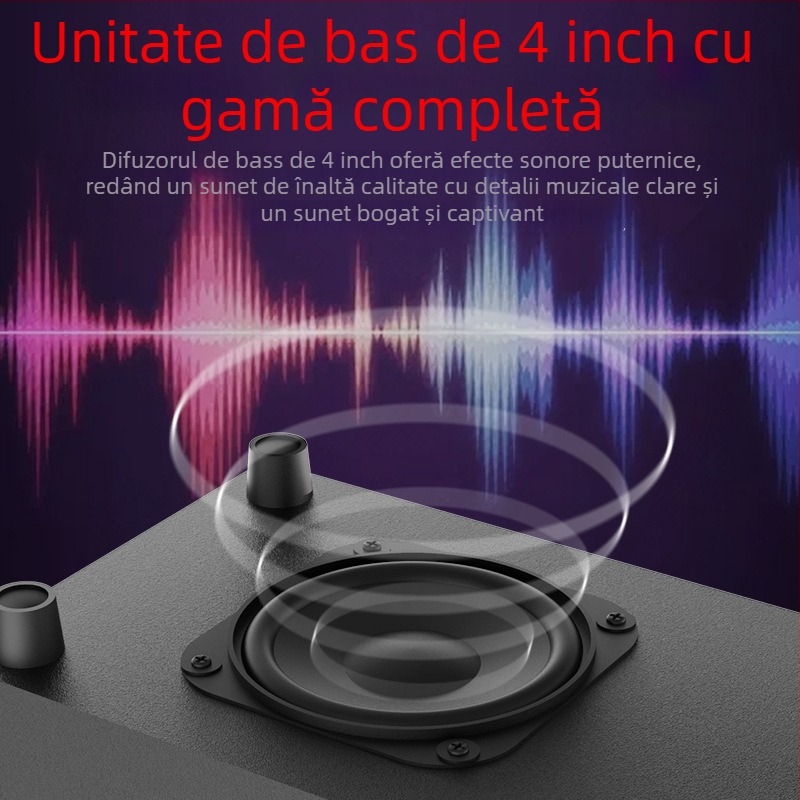 Boxe PC 2.1 din lemn, alimentare USB, Bluetooth 4.1 și AUX 3,5 mm; putere 10W + 3W×2; bandă de frecvență 20 Hz–18 kHz; carcasă din lemn