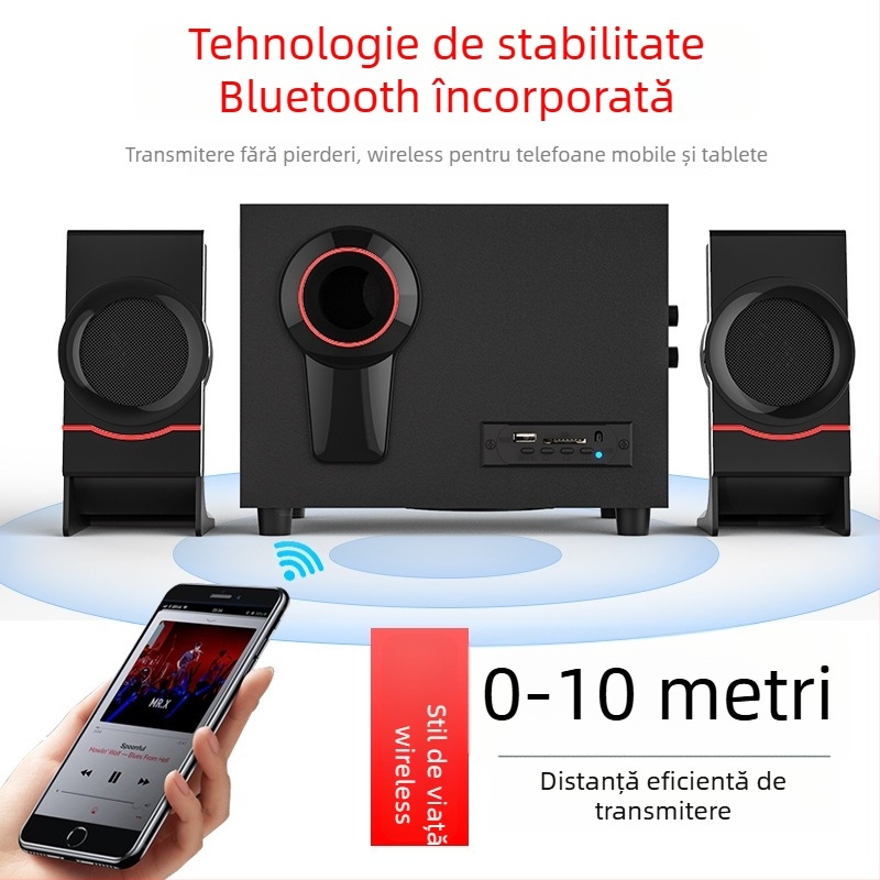Boxe PC 2.1 din lemn, alimentare USB, Bluetooth 4.1 și AUX 3,5 mm; putere 10W + 3W×2; bandă de frecvență 20 Hz–18 kHz; carcasă din lemn