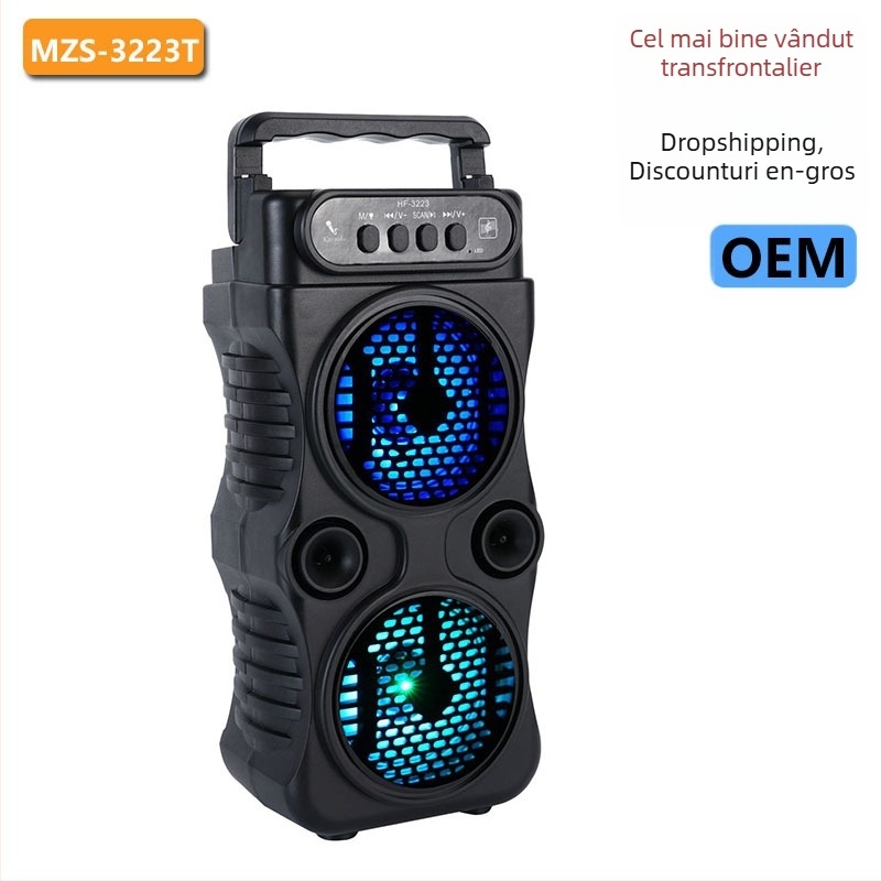 Difuzor portabil Bluetooth pentru exterior, cu două difuzoare de bass de 3 inch, alimentare USB, Bluetooth 5.3, 10W, baterie încorporată 1200-2000mAh, rază de până la 15 m