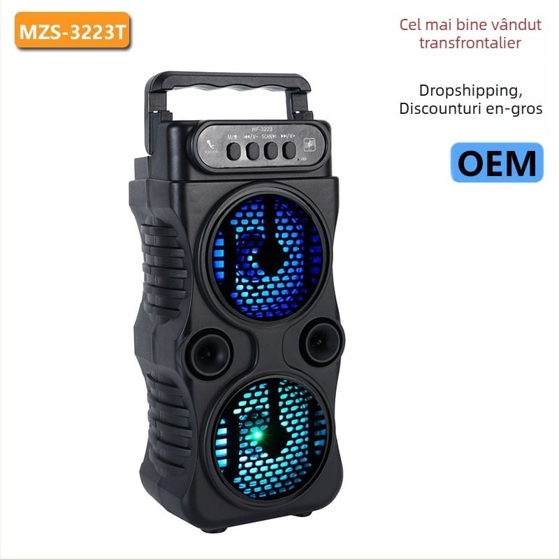 Difuzor portabil Bluetooth pentru exterior, cu două difuzoare de bass de 3 inch, alimentare USB, Bluetooth 5.3, 10W, baterie încorporată 1200-2000mAh, rază de până la 15 m