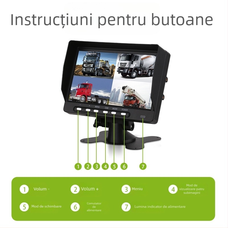 Display LCD pentru mașină JY-M770; intrare duală AHD/CVBS; rezoluție 1024x600; monitor HD cu patru diviziuni pentru mersul înapoi; PAL/NTSC; procesare personalizabilă; potrivit pentru vanuri, camioane și RV-uri