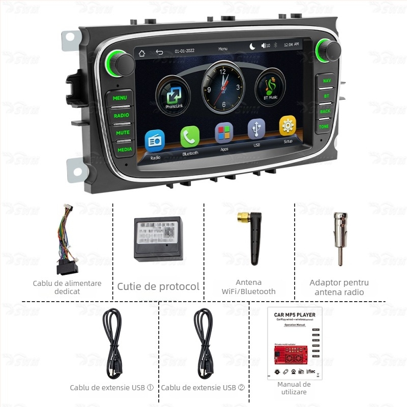 Tianken Ford Focus MP5 Display central cu GPS navigație CarPlay — ecran IPS, alimentare 12-14.4V, 60W x 4, compatibil cu Ford Focus