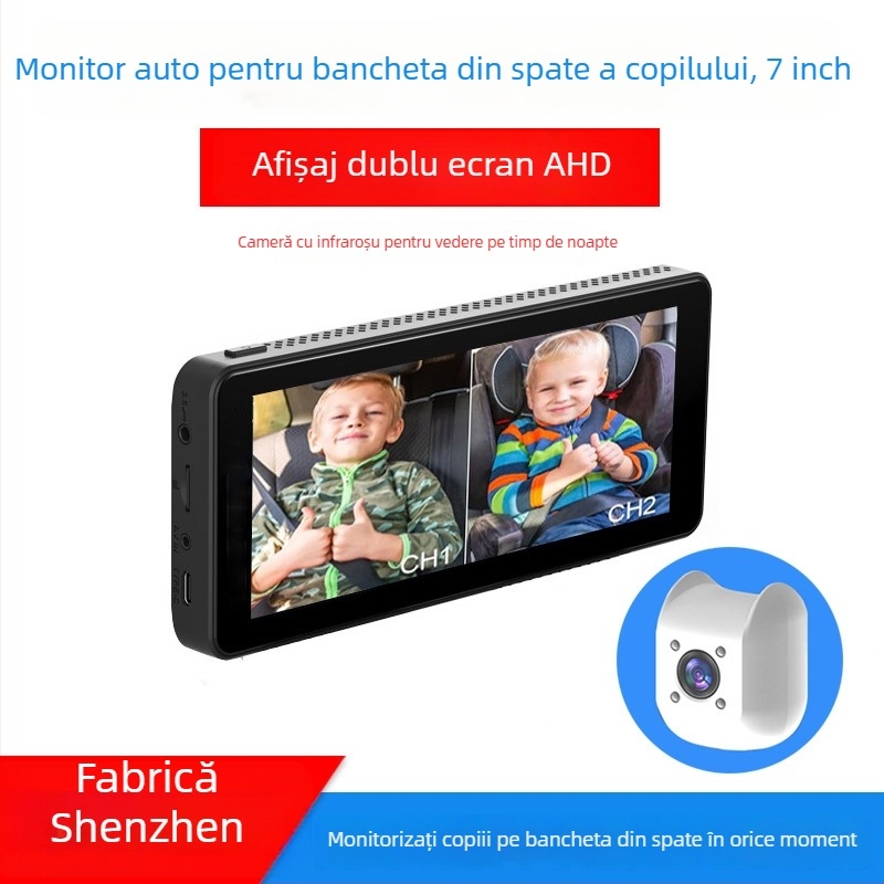 Monitor pentru bebeluși în mașină, ecran LCD de 6,86 inch, HD, vizionare nocturnă infraroșu, monitor pentru scaunul din spate