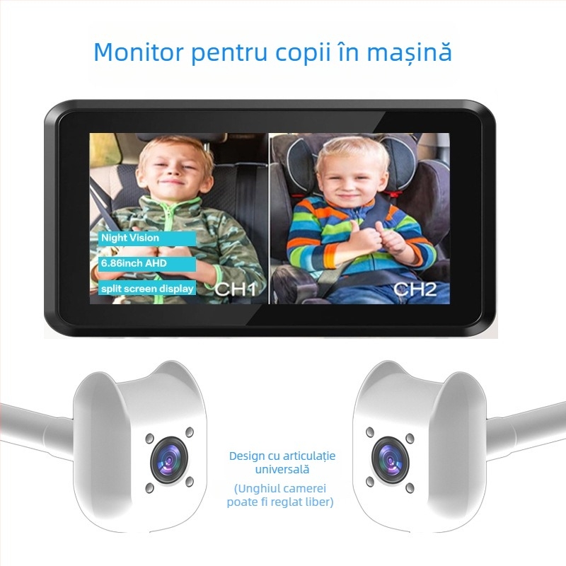 Monitor pentru bebeluși în mașină, ecran LCD de 6,86 inch, HD, vizionare nocturnă infraroșu, monitor pentru scaunul din spate