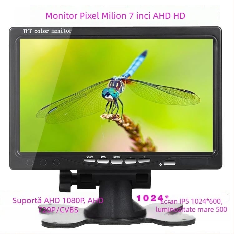 Monitor LCD auto L0728A — Imagine inversă AHD, tensiune 12-30V, TFT LCD, 1024×600 RGB, intrare video