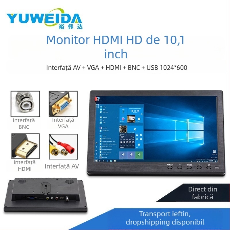 Monitor auto pentru calculator de bord Ywd-101 – ecran LCD, 1024x600, intrări HDMI, VGA și BNC