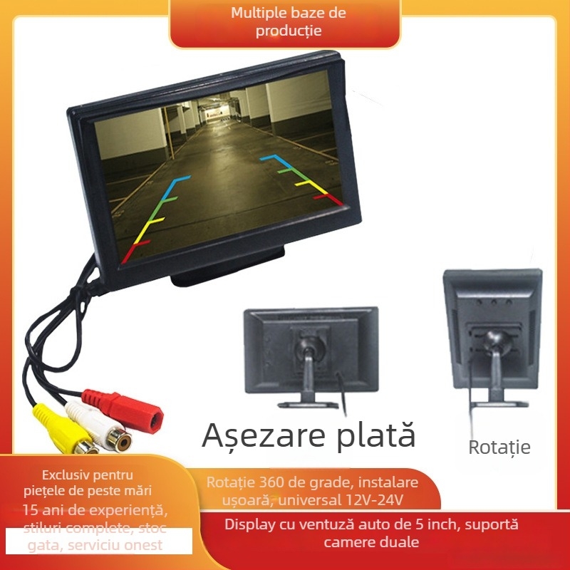 Monitor LCD auto de 5 inch cu ventuză, afișaj pentru vedere înapoi, 24V