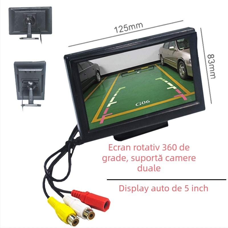 Monitor LCD auto de 5 inch cu ventuză, afișaj pentru vedere înapoi, 24V
