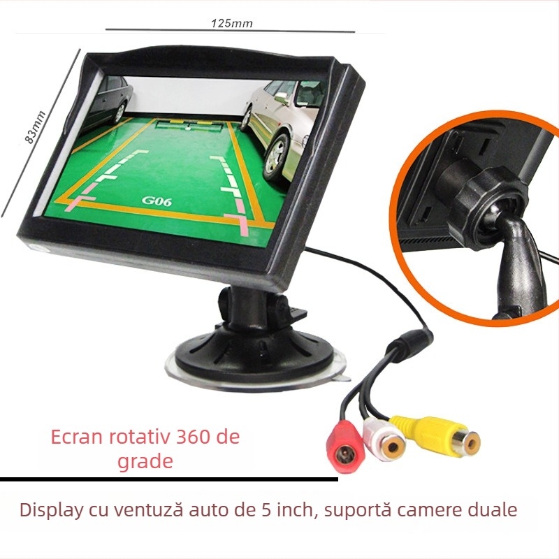 Monitor LCD auto de 5 inch cu ventuză, afișaj pentru vedere înapoi, 24V