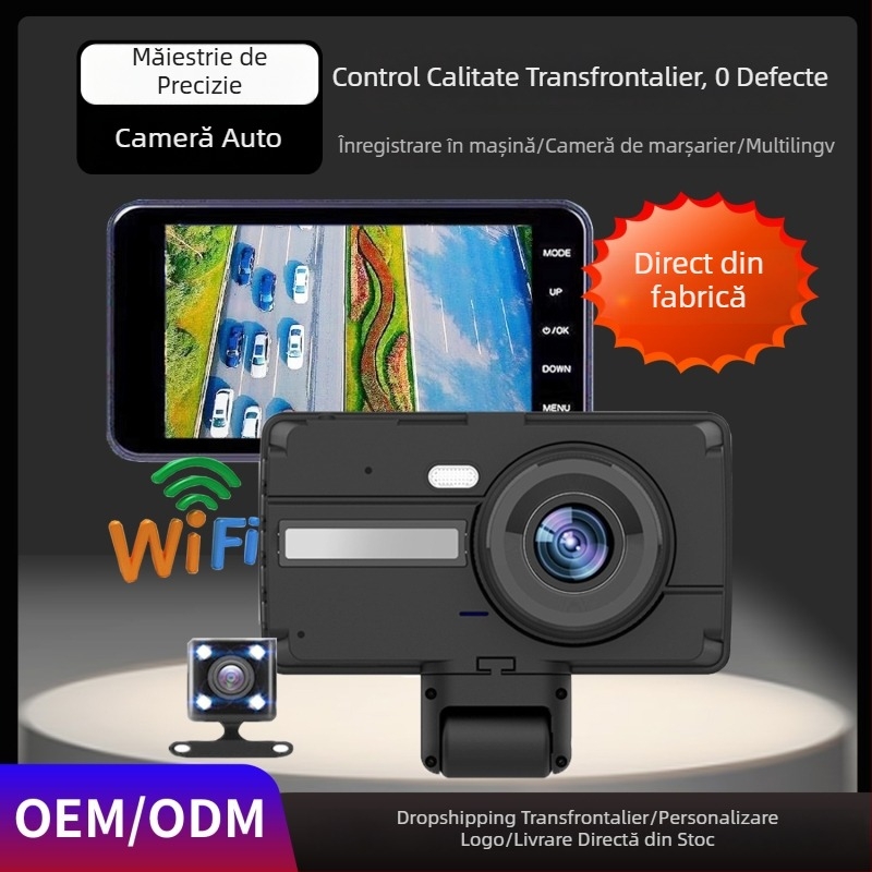 Dashcam pentru autovehicul cu vedere infraroșu de noapte, cameră frontală și interioară, all-in-one, Wi-Fi și redare pe telefon