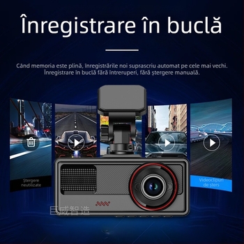 Aparat de bord cu trei lentile, înregistrare față-spate, 1080p, vedere de noapte, ecran de 2 inch, Wi-Fi