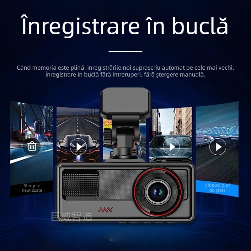 Aparat de bord cu trei lentile, înregistrare față-spate, 1080p, vedere de noapte, ecran de 2 inch, Wi-Fi