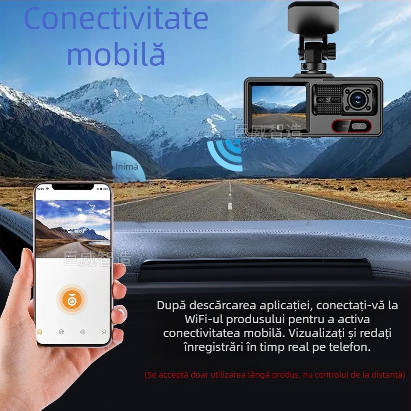 Aparat de bord cu trei lentile, înregistrare față-spate, 1080p, vedere de noapte, ecran de 2 inch, Wi-Fi