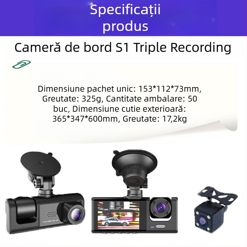 Dash cam cu trei canale, vizionare de noapte, Wi-Fi, monitorizare parcare, 1080P
