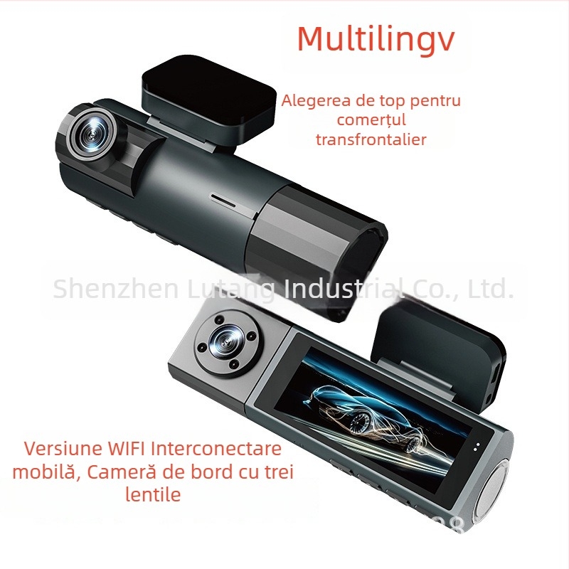 Aparat video pentru mașină WiFi cu trei lentile, înregistrare față și spate simultană, 1080p, ecran de 3,16 inch, XC908