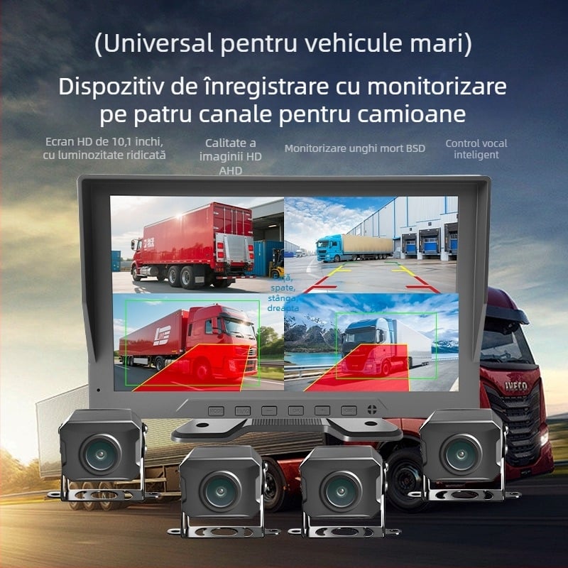 Camera de bord pentru camion, cu patru canale, AI pentru monitorizarea celor patru unghiuri moarte și sistem de vedere înapoi