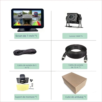 MP5 All-in-One registrator auto cu monitorizare pentru unghiuri moarte în 6 direcții, cameră AHD – viziune de noapte superioară – unghi de fotografiere 170°, diafragma F2.8, 1080p, 2 MP