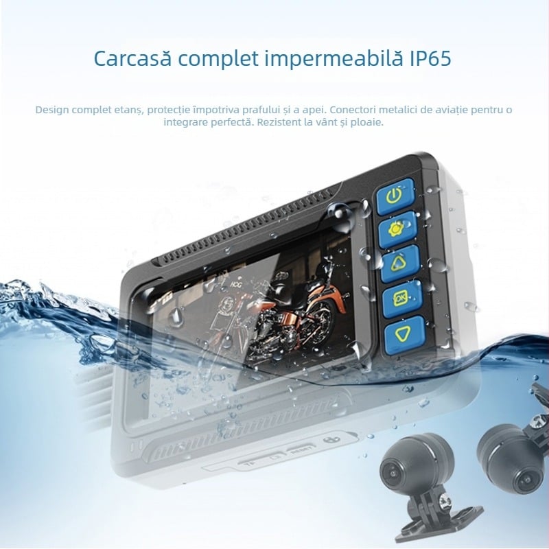 Cameră de bord pentru motocicletă, cu cameră frontală și spate duală, 1080p, unghi 120°, Wi-Fi, ecran de 3.0 inchi