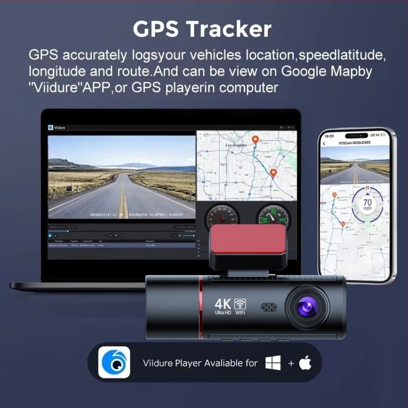 dashcam 4K cu trei obiective, Wi‑Fi și conectivitate cu telefonul, viziune pe timp de noapte, unghi larg, înregistrare triplă
