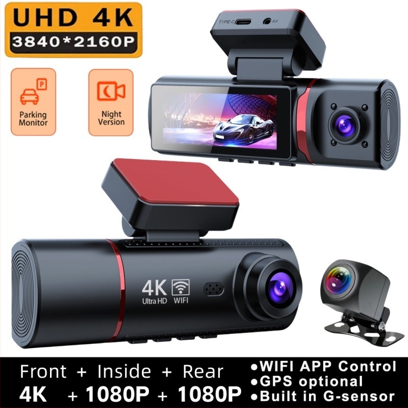 dashcam 4K cu trei obiective, Wi‑Fi și conectivitate cu telefonul, viziune pe timp de noapte, unghi larg, înregistrare triplă