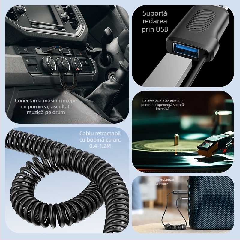 Receptor Bluetooth auto hands-free cu suport USB, alimentare 5V, cablu 1.2 m, răspuns în frecvență 20 Hz-20 kHz, zgomot >90 dB