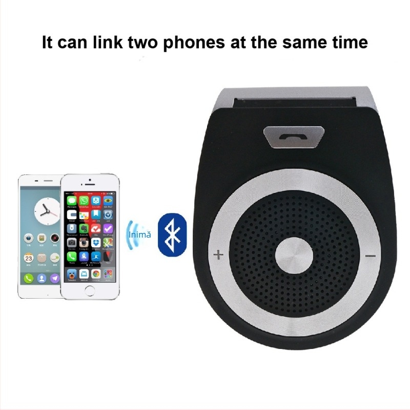 Bluetooth hands-free pentru mașină, cu montaj pe parasolar auto, intrare 5V, cablu de 50 cm, sensibilitate microfon -42 dB, răspuns în frecvențe 56 Hz–20 kHz