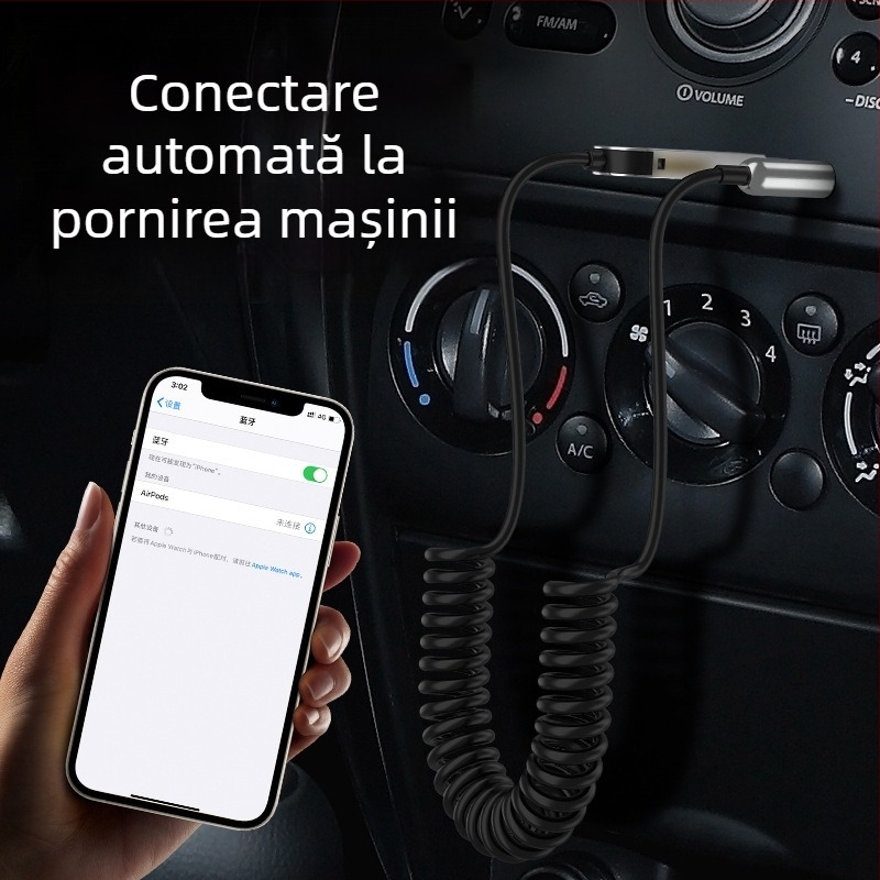 Receptor Bluetooth pentru mașină cu interfață AUX, corp din aliaj de zinc, handsfree, 5V intrare, cablu 150 cm, răspuns în frecvență 24 kHz, sensibilitate microfon 42 dB